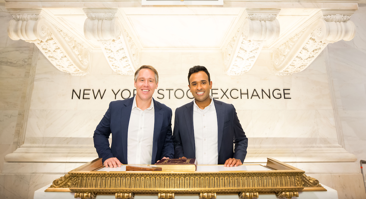 Co-founder and Senior Advisor Anson Frericks with co-founder Vivek Ramaswamy at Strive's first NYSE bell ringing.